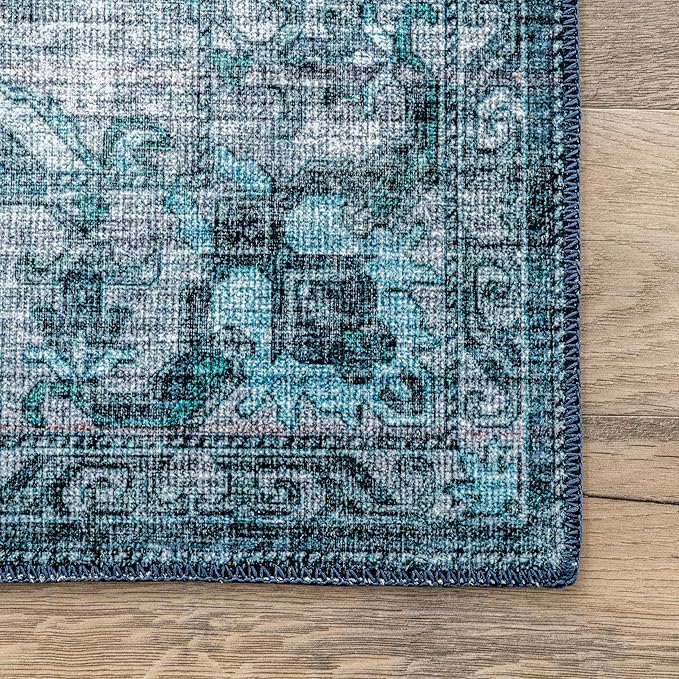 nuLOOM Eveline Distressed Persian Machine Washable Ultra Thin Area Rug, 4' x 6', Blue - LeafyLoom