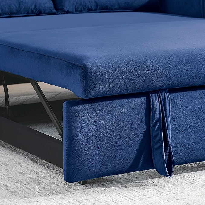 3 in 1 Sleeper Sofa Grid Design Armrests and 2 Pillows,Modern Convertible Loveseat Sofá W Pull Out Sleep Couch Bed,Velvet Upholstered Love Seat TV Sofabed for Living Room, 55", Blue1 - LeafyLoom