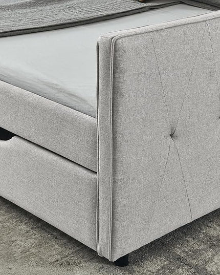 Queen Size Daybed with 2 Drawers, Upholstered Tufted Sofa Bed, with Button Back and Waved Shape Arms, Wood Slat Support, No Spring Box Need, for Bedroom, Livingroom - LeafyLoom