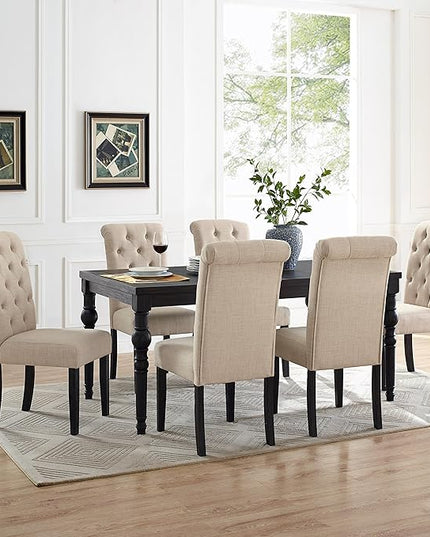 Roundhill Furniture Leviton Urban Style Dark Washed Wood Dining Set: Table and 6 Chairs, Tan - LeafyLoom