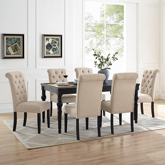 Roundhill Furniture Leviton Urban Style Dark Washed Wood Dining Set: Table and 6 Chairs, Tan - LeafyLoom