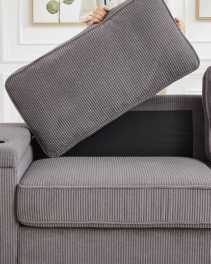 Modern Living Room Upholstered 3 Seater Sofa Couch Deep Seat Soft Corduroy Sofa&Couch with Storage Armrests, 2 Cupholders, Type-C and USB Charging Ports for Home, Apartment, Office - LeafyLoom