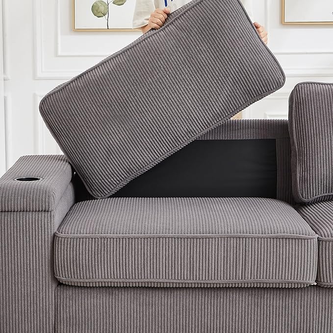 Modern Living Room Upholstered 3 Seater Sofa Couch Deep Seat Soft Corduroy Sofa&Couch with Storage Armrests, 2 Cupholders, Type-C and USB Charging Ports for Home, Apartment, Office - LeafyLoom