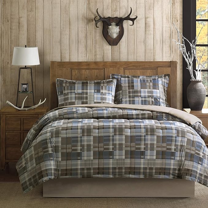 Woolrich Comforter Set, Cabin Lodge, Warm Cover for Colder Season, Modern Cottage-Inspired Down Alternative Ultra Soft Microfiber Bedding, Matching Sham, Plaid Grey/Blue Full/Queen 3 Piece - LeafyLoom