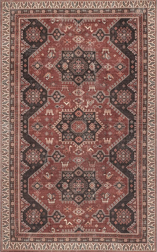 nuLOOM Kathryn Machine Washable Traditional Rustic Ultra Thin Area Rug, 8' x 10', Red - LeafyLoom