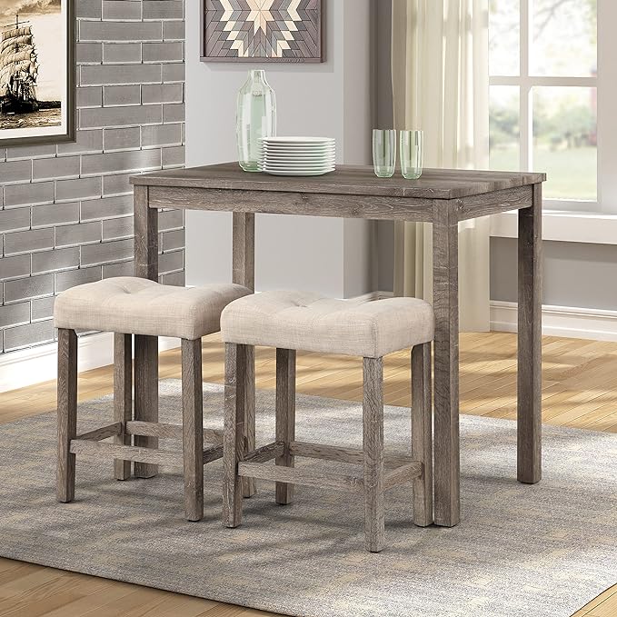 Roundhill Furniture Sora Wood 3-Piece Counter Height Dining Set, Taupe - LeafyLoom
