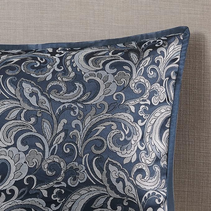 Madison Park Essentials Brystol 24 Piece Room in a Bag Faux Silk Comforter Jacquard Paisley Design Matching Curtains Down Alternative All Season Bedding-Set, King(104 in x 92 in), Navy 24 Piece - LeafyLoom