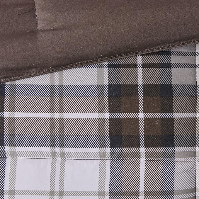 Madison Park Essentials Parkston Plaid Comforter, Matching Sham, 3M Scotchguard Stain Release Cover, Hypoallergenic All Season Bedding-Set, Twin/ Twin XL, Brown, 2 Piece - LeafyLoom