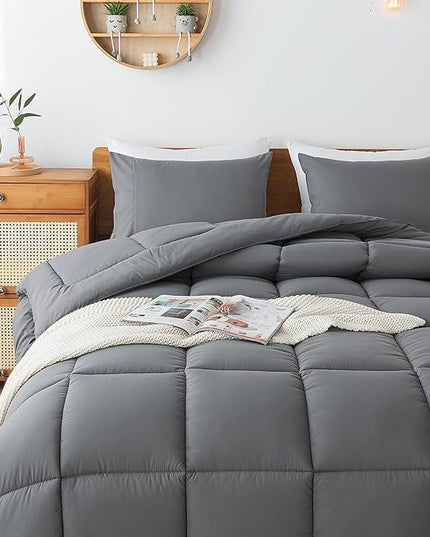 Grey Comforter Set, King Lightweight All Season Soft Down Alternative Bed Comforter, 3 Pieces Bedding Set（King Size，102"x90"） - LeafyLoom