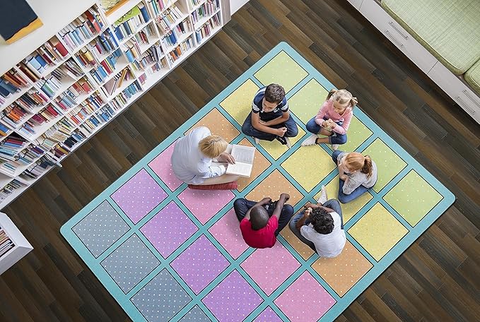 Flagship Carpets Happy Squares Educational Area Rug for Kids Room Seating Décor, Children's Classroom, Play Carpet for Teaching and Playroom, Seats 30, 10'6"x13'2", Blue & Multi Color - LeafyLoom