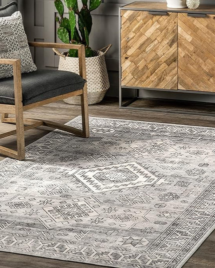 nuLOOM 8x10 Machine Washable Rain Haven Vintage Medallion Area Rug, Grey, Traditional Faded Design, Non-Slip Backing, Stain Resistant, For Bedroom, Dining Room, Living Room, Kitchen - LeafyLoom