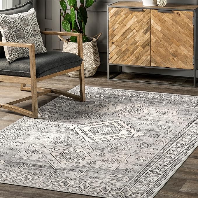 nuLOOM 4x6 Machine Washable Rain Haven Vintage Medallion Area Rug, Grey, Traditional Faded Design, Non-Slip Backing, Stain Resistant, For Bedroom, Dining Room, Living Room, Kitchen - LeafyLoom