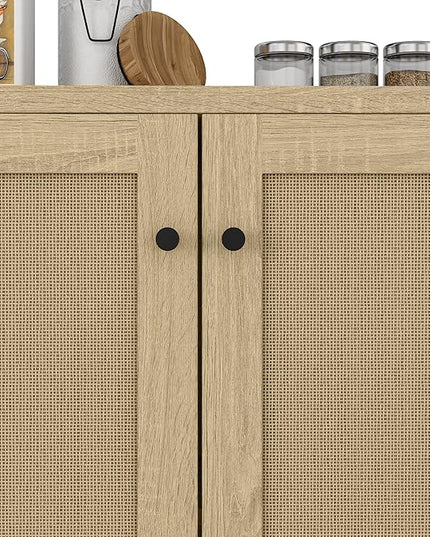 Panana Rattan Decorated 2 Doors Storage Cabinet Accent Cabinet Living Room Cupboard Kitchen Sideboard Buffet Table (Natural) - LeafyLoom