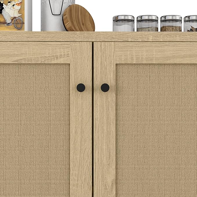 Panana Rattan Decorated 2 Doors Storage Cabinet Accent Cabinet Living Room Cupboard Kitchen Sideboard Buffet Table (Natural) - LeafyLoom