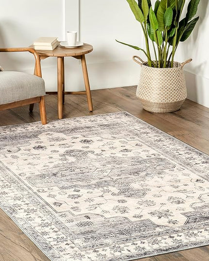 nuLOOM 4x6 Machine Washable Rain Haven Vintage Medallion Area Rug, Light Grey, Traditional Faded Design, Non-Slip Backing, Stain Resistant, For Bedroom, Dining Room, Living Room, Kitchen - LeafyLoom