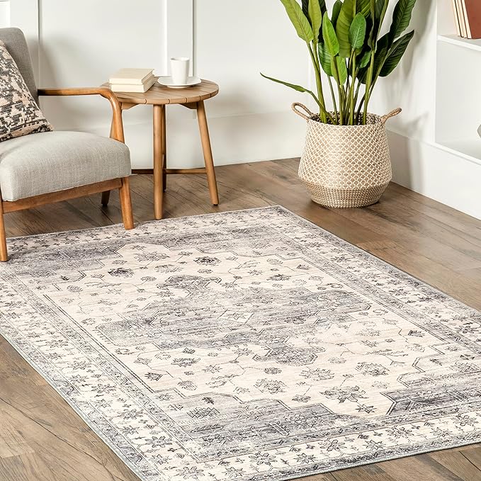 nuLOOM 4x6 Machine Washable Rain Haven Vintage Medallion Area Rug, Light Grey, Traditional Faded Design, Non-Slip Backing, Stain Resistant, For Bedroom, Dining Room, Living Room, Kitchen - LeafyLoom