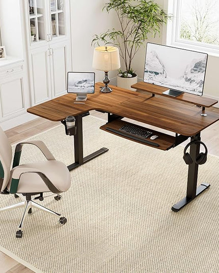 EUREKA ERGONOMIC Standing Desk Electric Adjustable Height (61"x43") Computer Desk with Keyboard Tray, Sit Stand Desk L Shaped Desk for Work/Home Office,Dual Motor,Memory Presets,2 USB/RGB,Walnut/Left - LeafyLoom