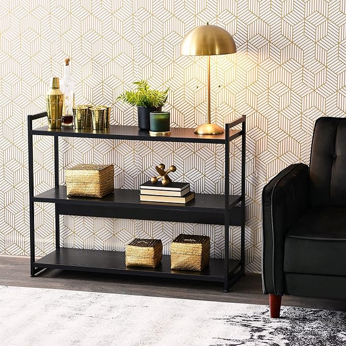 Household Essentials 3 Tier Wide Book Shelf, Medium, Black Oak Finish - LeafyLoom