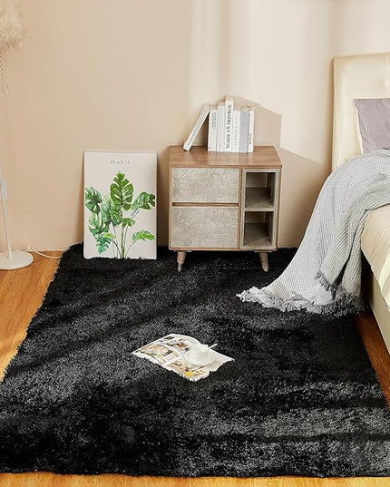 YOBATH Fluffy Shag Area Rug, Black Rugs for Bedroom 4x6 Feet, Plush Shaggy Rug for Living Room, Indoor Modern Bedside Rug for Kids Girls Boys Room, Shag Carpet for Dorm Nursery Room - LeafyLoom