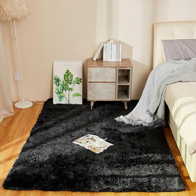 YOBATH Fluffy Shag Area Rug, Black Rugs for Bedroom 4x6 Feet, Plush Shaggy Rug for Living Room, Indoor Modern Bedside Rug for Kids Girls Boys Room, Shag Carpet for Dorm Nursery Room - LeafyLoom