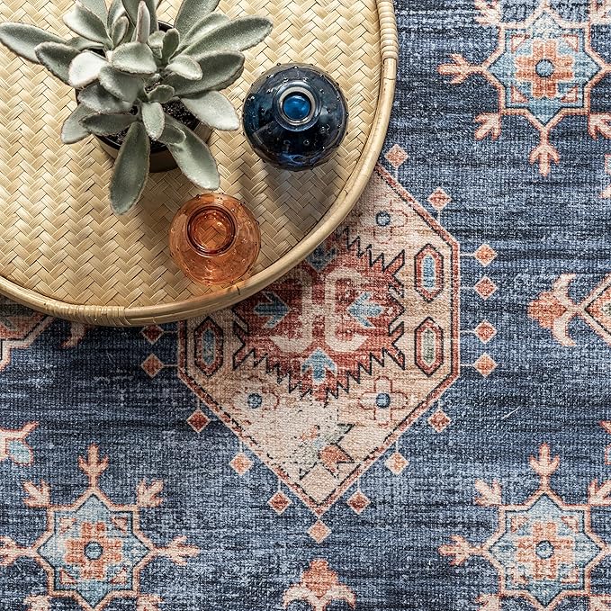 nuLOOM Finley Machine Washable Vintage Distressed Ultra Thin Area Rug, 3' x 5', Navy - LeafyLoom