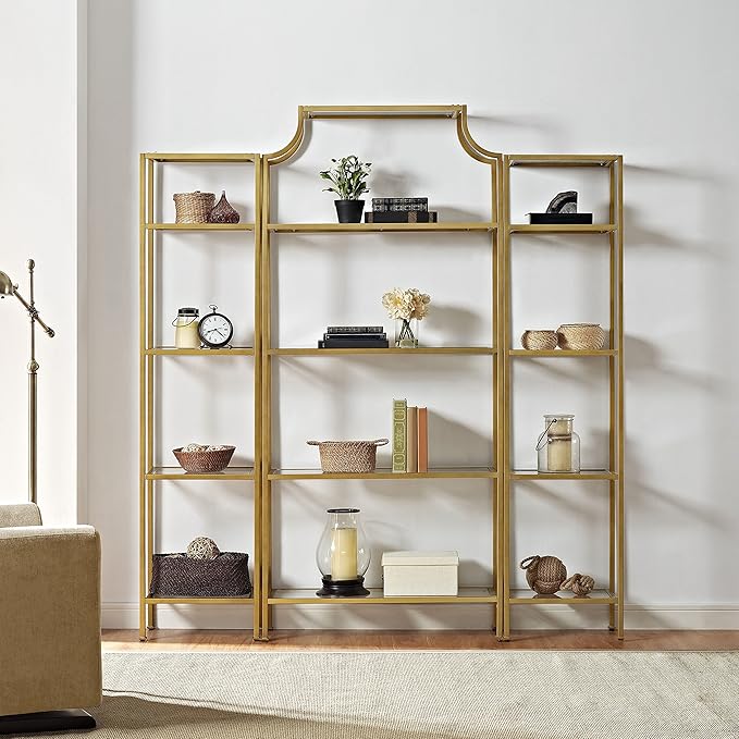 Crosley Furniture Aimee 3-Piece Etagere Bookcase Set - Gold and Glass - LeafyLoom
