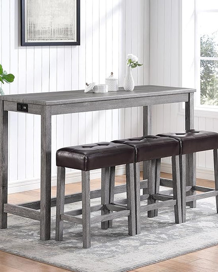 RITSU 4 Piece Bar Power Outlet, Bistro Table & Chairs, Dining Sets, 3 Upholstered Stools, for Living Room, Kitchen, Farmhouse, Brown + Light Gray - LeafyLoom