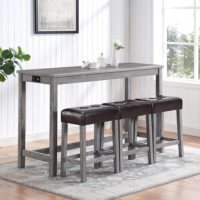 RITSU 4 Piece Bar Power Outlet, Bistro Table & Chairs, Dining Sets, 3 Upholstered Stools, for Living Room, Kitchen, Farmhouse, Brown + Light Gray - LeafyLoom