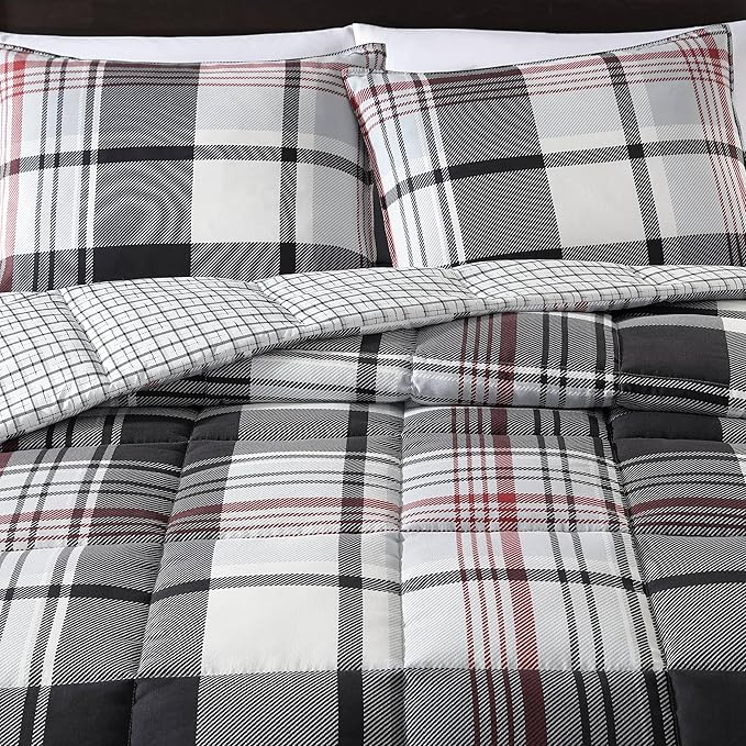 Eddie Bauer- King Comforter Set, Reversible Microsuede Bedding with Matching Sham(s), Casual Home Decor (Normandy Plaid Black, King) - LeafyLoom