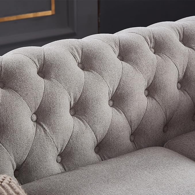 Clasic Chesterfield 3 Seaters Sofa Couch W/Luxury Roller Armrest Soild Wood Legs Linen Fabric Upholstered Button Tufted Sofa&Couch with Removable Cushions & Nailhead Decor, 88.5", Light Grey-007 - LeafyLoom