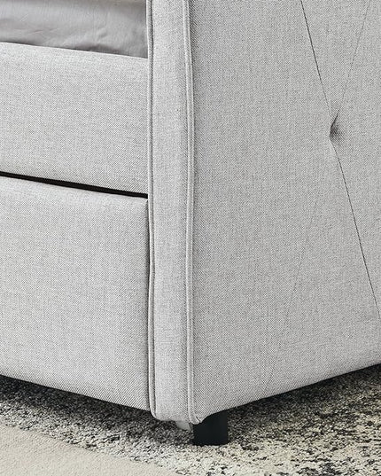 Full Size Daybed with win Size Trundle, Upholstered Tufted Day Bed, with Button Back and Waved Shape Arms, Wood Slat Support, No Spring Box Need, for Bedroom, Livingroom, Beige - LeafyLoom