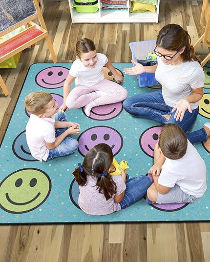 Flagship Carpets Smiley Seating (Seats 20) Classroom Area Rug or Educational Learning Mat, Kids Room or Playroom Carpet, 6' x 8'4", Blue/Multi (FA2393-32FS) - LeafyLoom
