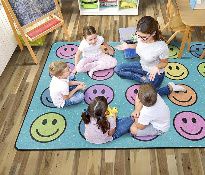 Flagship Carpets Smiley Seating (Seats 20) Classroom Area Rug or Educational Learning Mat, Kids Room or Playroom Carpet, 6' x 8'4", Blue/Multi (FA2393-32FS) - LeafyLoom
