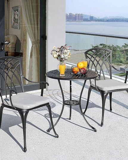 NUU GARDEN Bistro Set 3 Piece Outdoor Cast Aluminum Patio Bistro Set Patio Table and Chairs Set of 2 with Umbrella Hole and Gray Cushions, Black - LeafyLoom