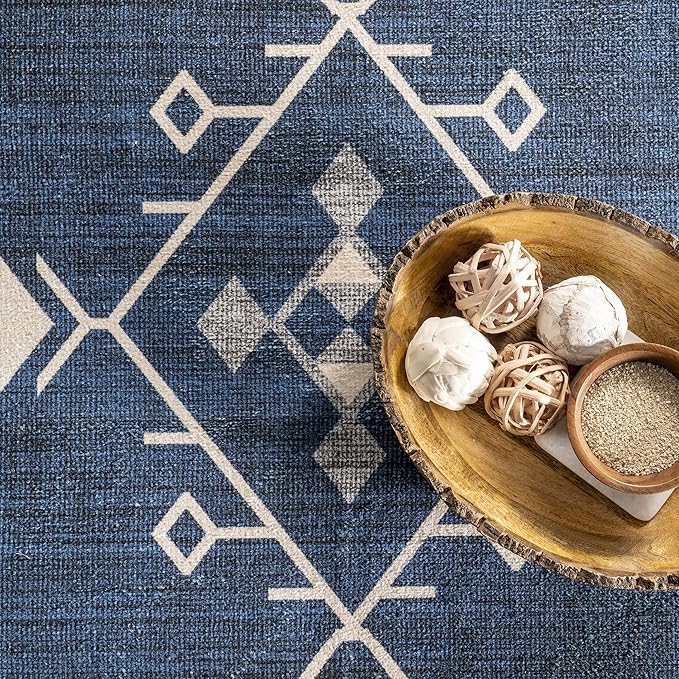 nuLOOM Evalyn Southwestern Machine Washable Ultra Thin Area Rug, 8x10, Navy - LeafyLoom