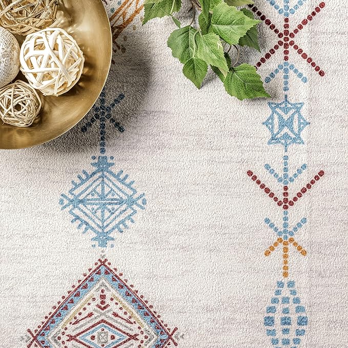 nuLOOM Kiya Machine Washable Moroccan Tribal Geometric Ultra Thin Area Rug, 3' x 5', Light Grey - LeafyLoom