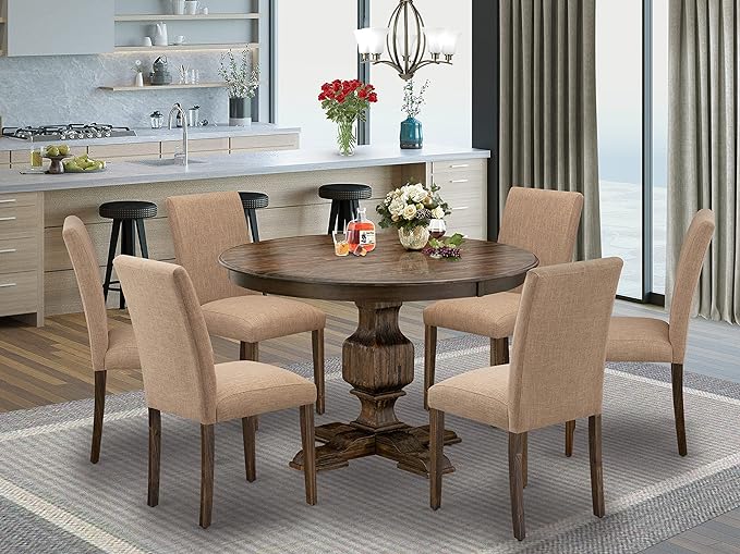East West Furniture F3AB7-747 Ferris 7 Piece Modern Set Consist of a Round Wooden Table with Pedestal and 6 Light Sable Linen Fabric Parsons Dining Chairs, 48x48 Inch - LeafyLoom