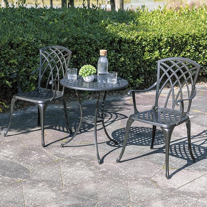 NUU GARDEN Bistro Set 3 Piece Outdoor All Weather Cast Aluminum Patio Bistro Set Patio Table and Chairs Set of 2 with Umbrella Hole for Backyard, Balcony, Front Porch, Lawn, Black - LeafyLoom