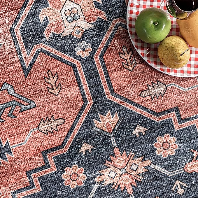 nuLOOM Medallion Bordered Machine Washable Ultra Thin Area Rug, 9' x 12', Rust - LeafyLoom