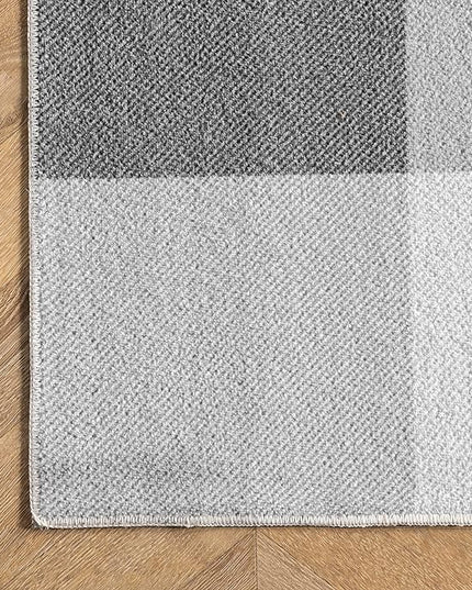 nuLOOM Lucy Machine Washable Farmhouse Buffalo Plaid Ultra Thin Area Rug, 6' Square, Grey - LeafyLoom