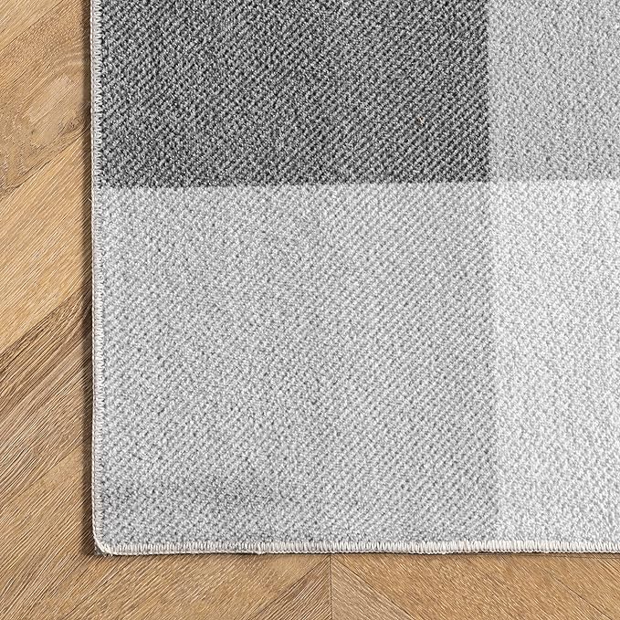 nuLOOM Lucy Machine Washable Farmhouse Buffalo Plaid Ultra Thin Area Rug, 6' Square, Grey - LeafyLoom
