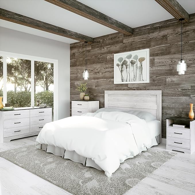 Prepac Rustic Ridge Farmhouse Nightstand with 2 Drawers and an Open Cubby, Wooden Bedside Table for Bedroom, Office, or Living Room, 16.25in x 18.75in x 24.5in, Washed White - LeafyLoom