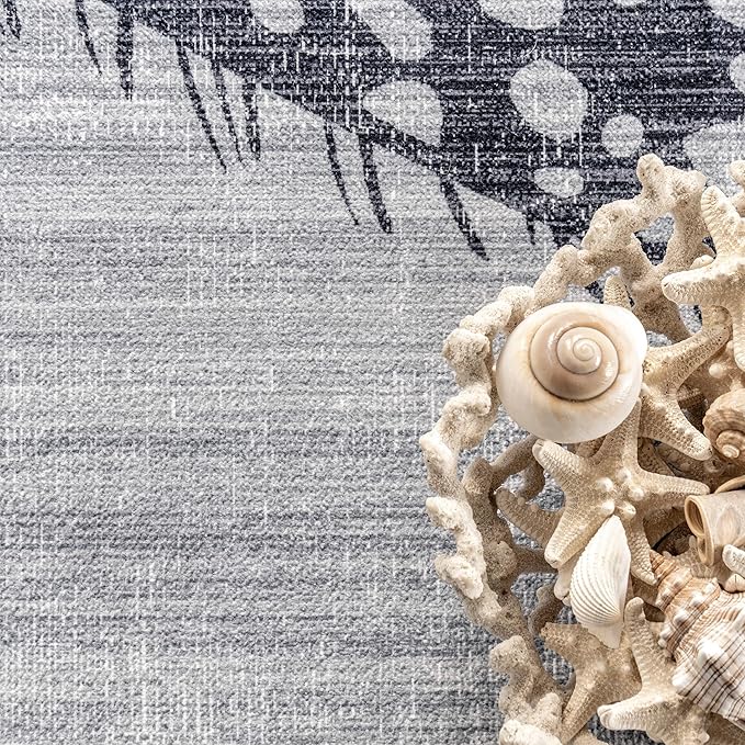 nuLOOM Starfish and Stripes Machine Washable Ultra Thin Area Rug, 5' x 8', Light Grey - LeafyLoom