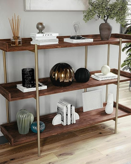 Martha Stewart Emmett 3 Shelf Bookcase with Vertical Metal Frame, Home Office Storage Display Unit, 35"H, Walnut Wood Grain/Polished Brass - LeafyLoom