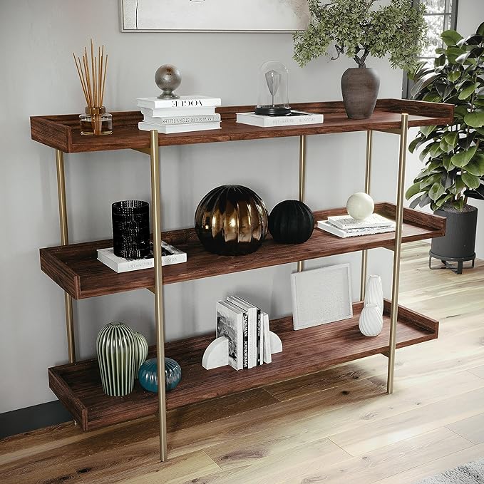 Martha Stewart Emmett 3 Shelf Bookcase with Vertical Metal Frame, Home Office Storage Display Unit, 35"H, Walnut Wood Grain/Polished Brass - LeafyLoom