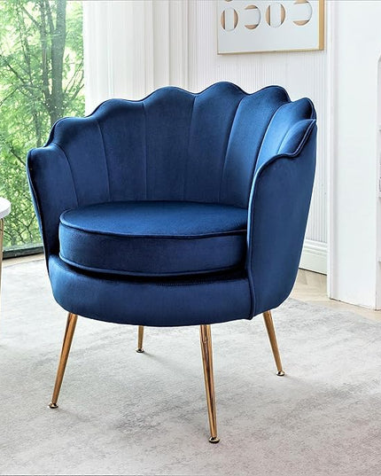 Velvet Barrel Accent Chair with Scalloped Silhouette and Gold Metal Legs, Decorative Piece Suitable for Traditional, Modern, and Contemporary Spaces, Navy Blue - LeafyLoom