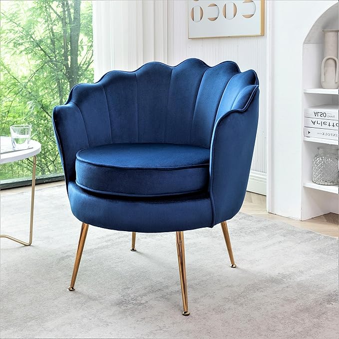 Velvet Barrel Accent Chair with Scalloped Silhouette and Gold Metal Legs, Decorative Piece Suitable for Traditional, Modern, and Contemporary Spaces, Navy Blue - LeafyLoom
