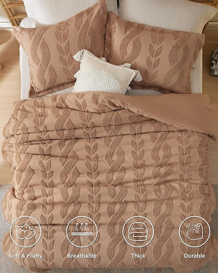 Bedsure Twin/Twin XL Size Comforter Set Taupe, Boho Tufted Bedding Comforter Set, Farmhouse Jacquard Cable Knit Pattern Bed Set, 2 Pieces, 1 Shabby Chic Fluffy Comforter & 1 Pillow Sham - LeafyLoom