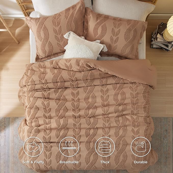Bedsure Twin/Twin XL Size Comforter Set Taupe, Boho Tufted Bedding Comforter Set, Farmhouse Jacquard Cable Knit Pattern Bed Set, 2 Pieces, 1 Shabby Chic Fluffy Comforter & 1 Pillow Sham - LeafyLoom