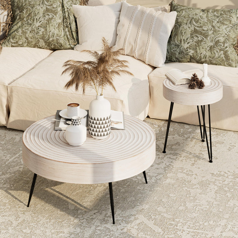 2-Piece Modern Farmhouse Living Room Coffee Table Set, Nesting Table Round Natural Finish with Handcrafted Wood Ring Motif, Wood Colour LeafyLoom
